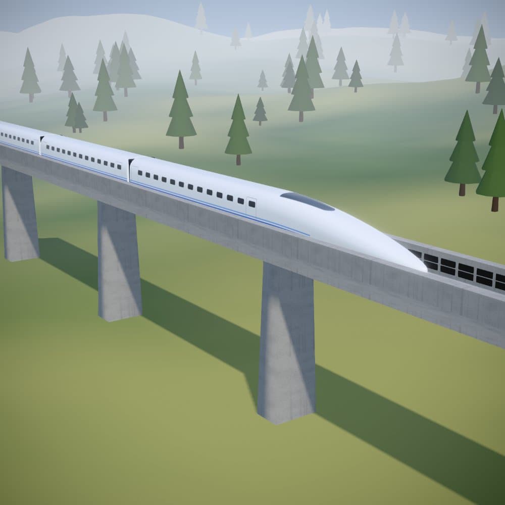 A maglev train gliding along its raised guideway through fields and pine trees