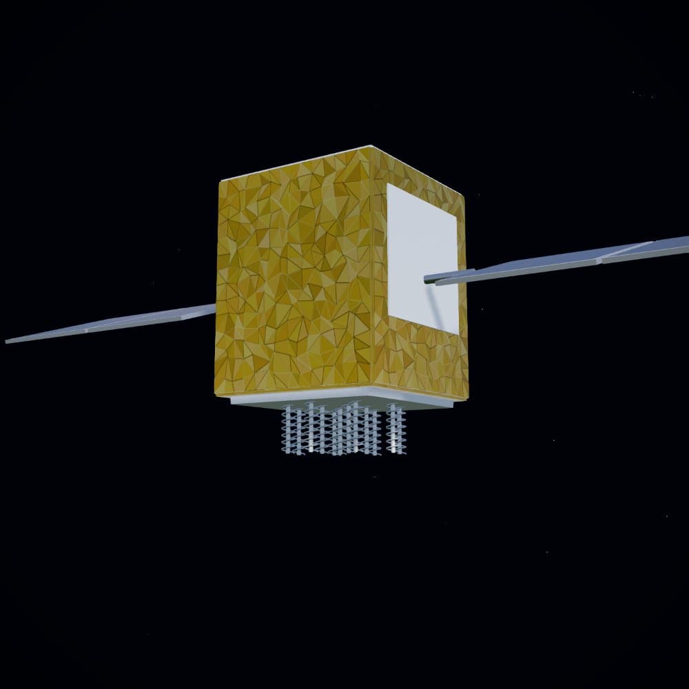 A gold GPS satellite with blue solar panels above Earth in a procedural 3D scene