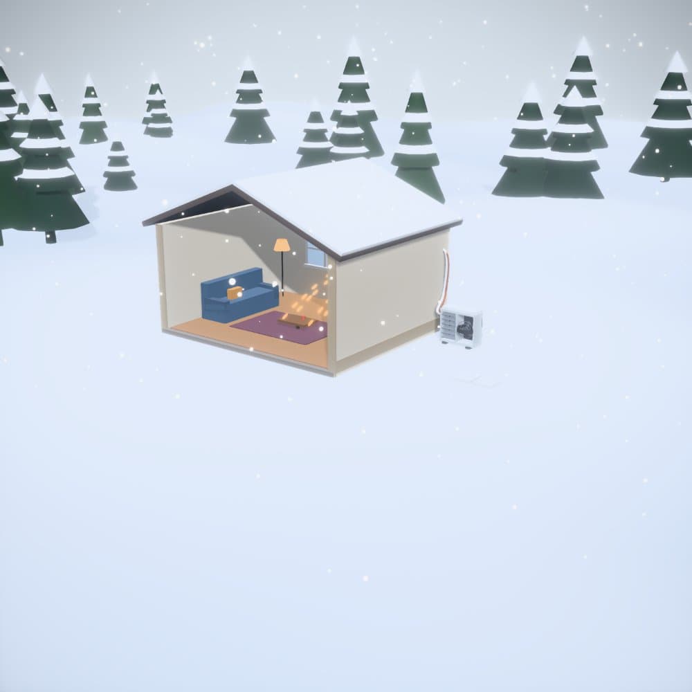 A cutaway 3D house in a snowy forest, with a heat pump outside